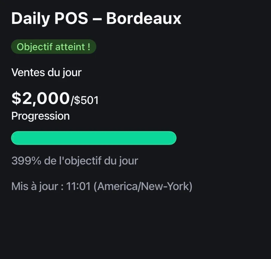 Daily POS progress card showing daily sales against goal with a full progress bar